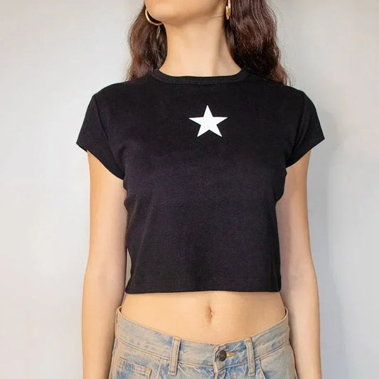 Kawaii Top Cropped Feminino Harajuku Bebê Camiseta Y2K Goth Manga Curta Streetwear Estampa de Estrela Roupas Camiseta Cena Emo Camiseta Vintage