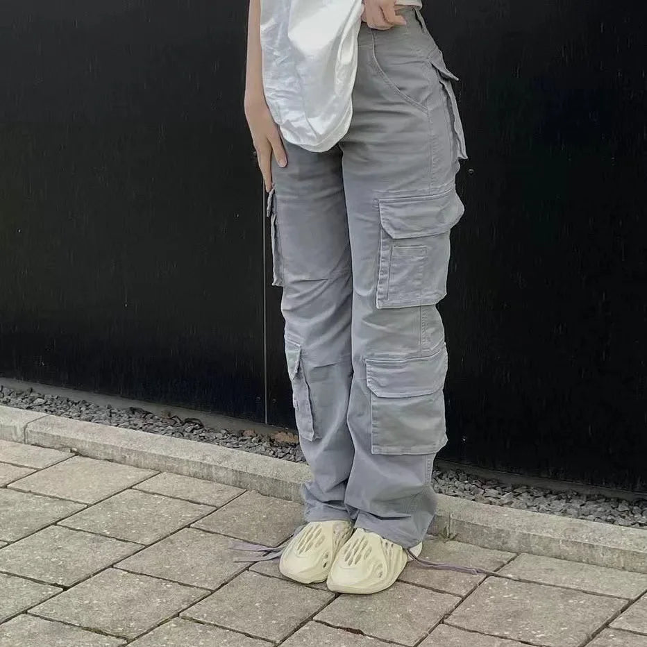 Women Jeans Cargo Pants Denim Long Pants Regular Button Pocket Y2k Straight Trousers Simple Loose Casual Mid Waist Streetwear