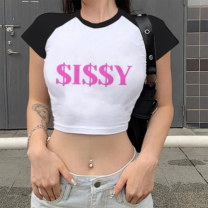 Summer SISSY Letters Print T-Shirt Female Sexy Tshirt Kawaii Clothes Fashion Women Shirts Girl's Crop Top Tee Streetwear Clothes