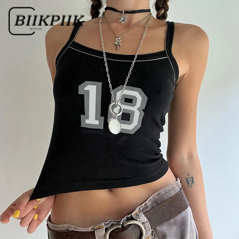 BIIKPIIK Contrast-color Digital Print Camisole Casual Stitch Women Tank Tops Streetwear All-matched Slim Fit Black Vests Sporty