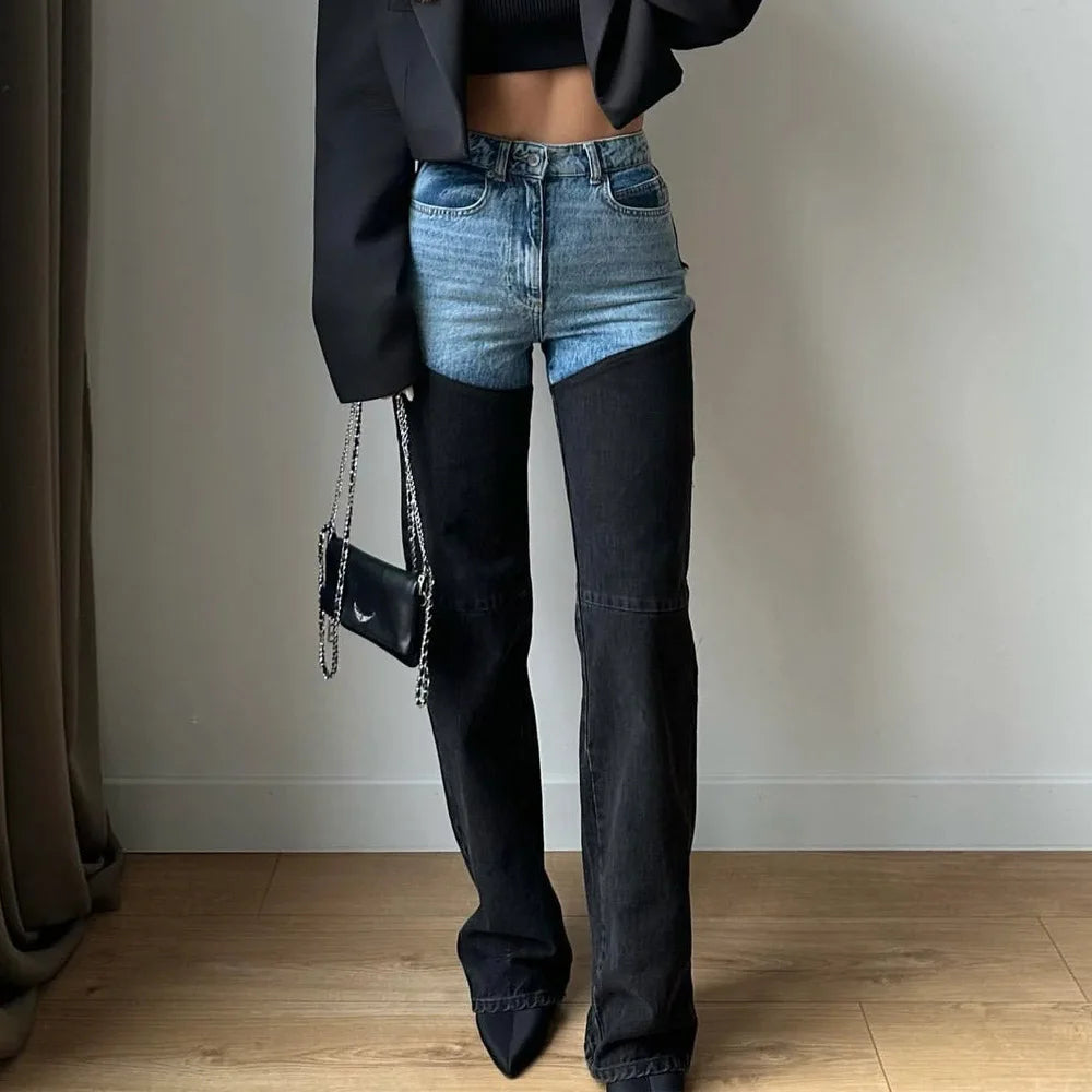 Women's 2025 New Denim Jeans Fashion Spliced Color High Waist Straight Female Pants Highstreet Trend Slim Female Clothing ﻿