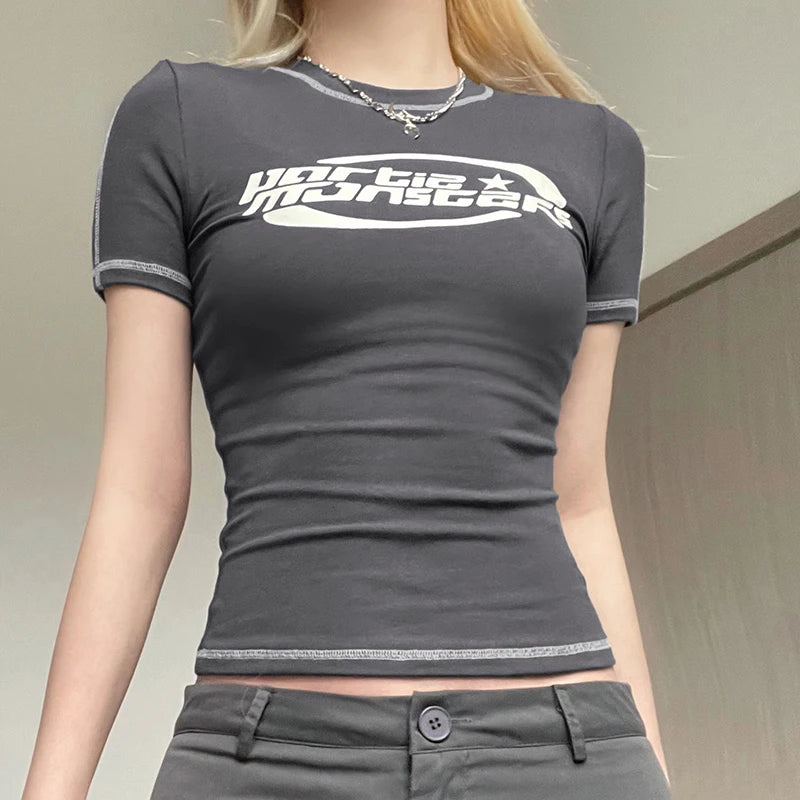 Camiseta elástica com estampa retrô vintage feminina, top curto fino com nervuras, camiseta sexy de manga curta, camiseta grunge, estilo coreano, pulôveres