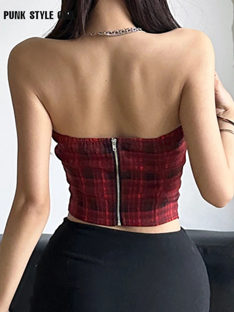 Hip Hop Y2k Hotsweet Red Plaid Vest Women Aesthetic Emo Alternative Grunge Lace Patchwork Bandage Crop Tank Top Goth Rave Outfit