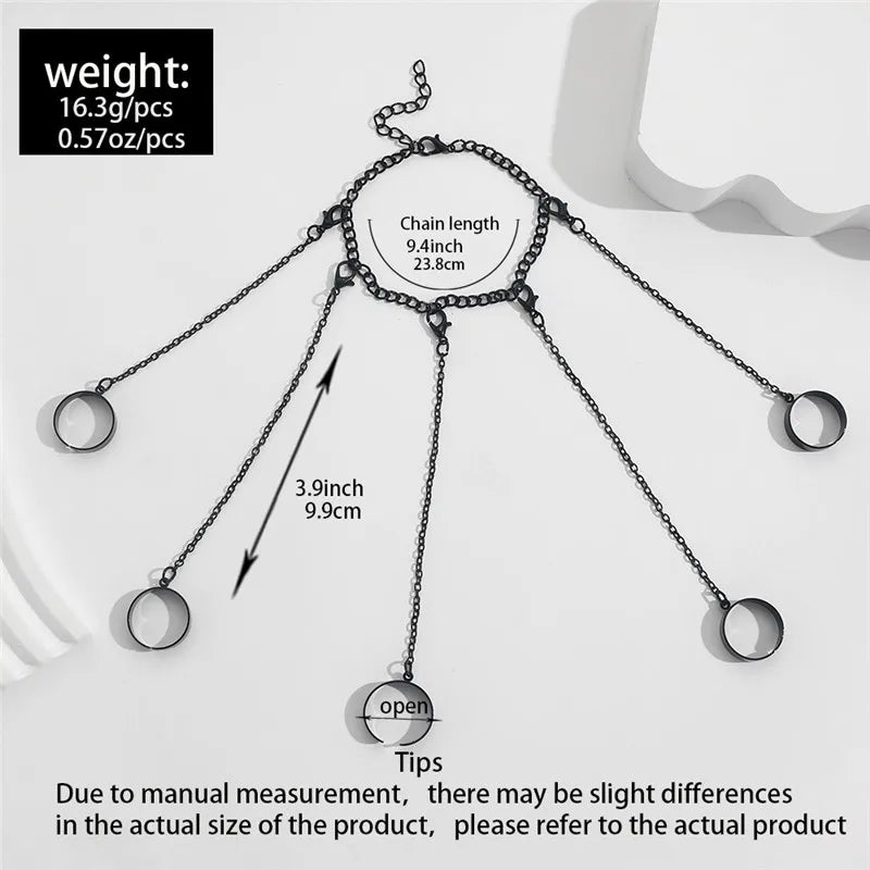 龐克幾何黑銀色鏈條手腕戒指女式男士哥德式嘻哈鏈條開環戒指套裝情侶時尚首飾