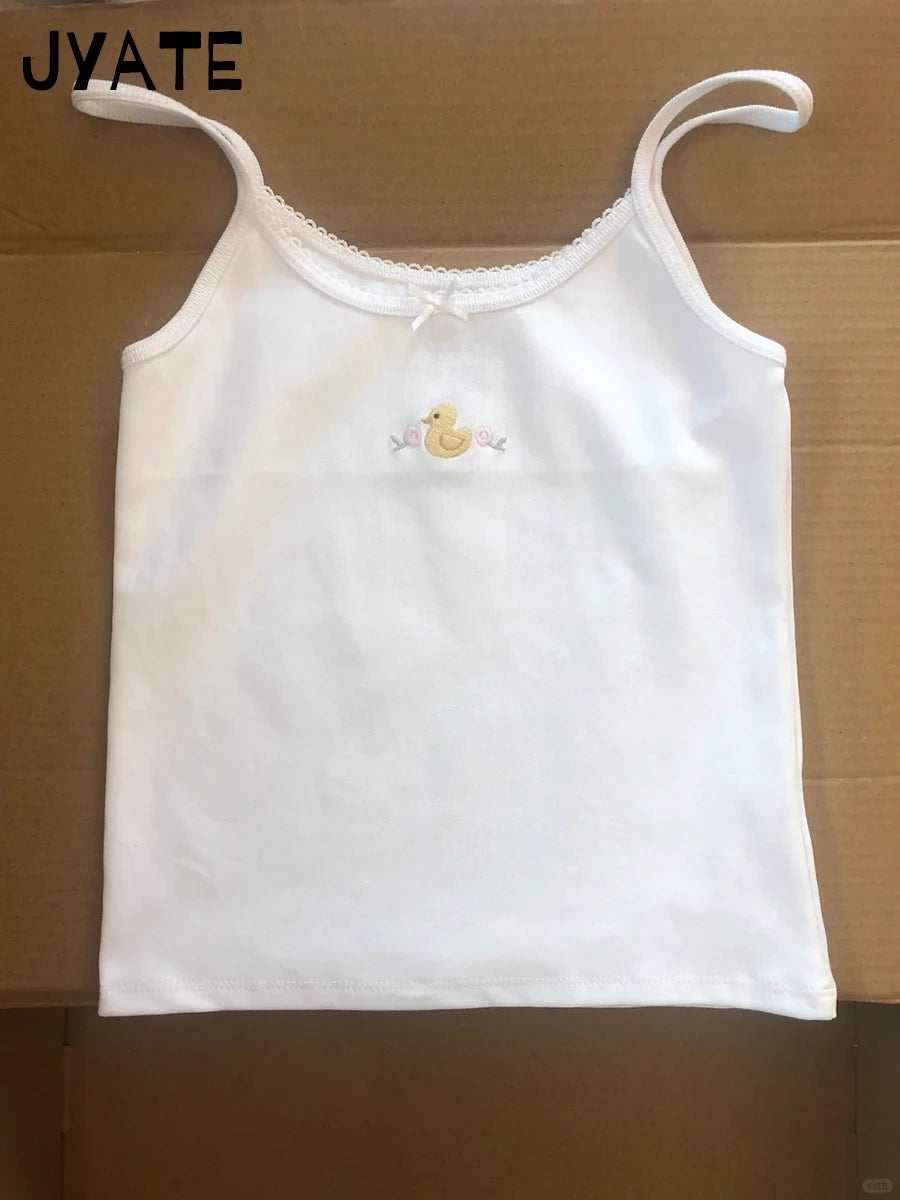 Novo 14 Bordado Slim Tank Top Feminino Primavera Casual Sem Mangas Algodão Branco Estilo Preppy Camis Feminino Bonito Doce Colete Y2K Tops