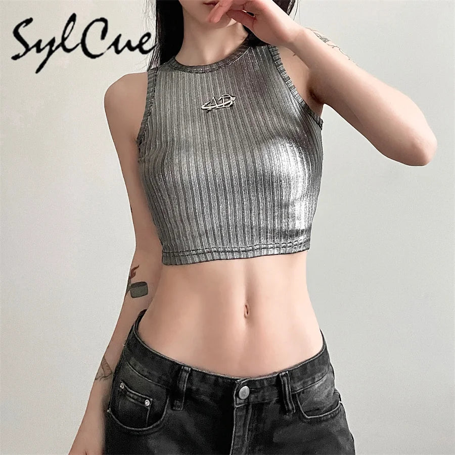 Sylcue 2024 Spring New Style Retro Solid Color Retro Trendy Distinctive All-match Casual High Street Cool Women's Letter Vest