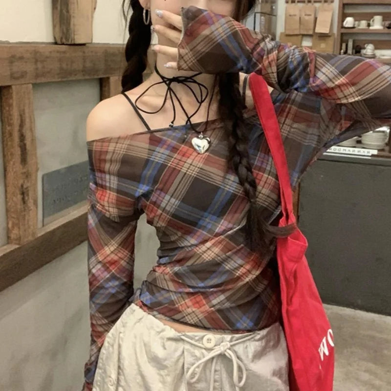 Xingqing y2k Tops Women Grunge Fairycore Clothing Plaid Print Off Shoulder Long Sleeve Mesh T Shirts 2000s Clothes Streetwear