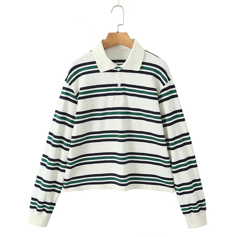 Fashion Stripe Women's T-shirt Casual Long Sleeve Female All Match Polo Shirt 2025 Spring New Ladies Loose Tops High Street