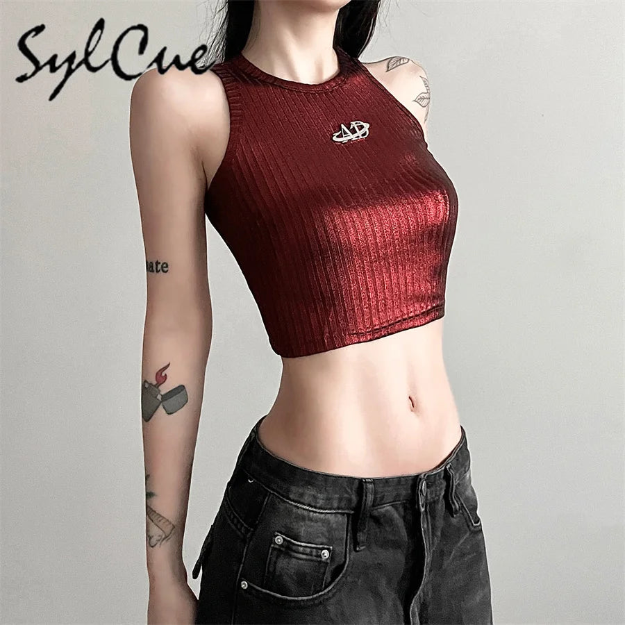 Sylcue 2024 Spring New Style Retro Solid Color Retro Trendy Distinctive All-match Casual High Street Cool Women's Letter Vest