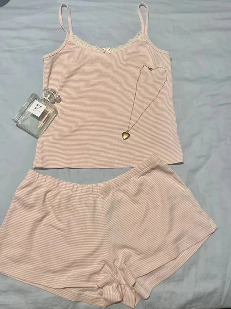 Pink Striped Cotton Vest Shorts 2 Pieces Set Women Bow Slim Tank Tops With Elastic High Waist Straight Short Pants Sweet Sets