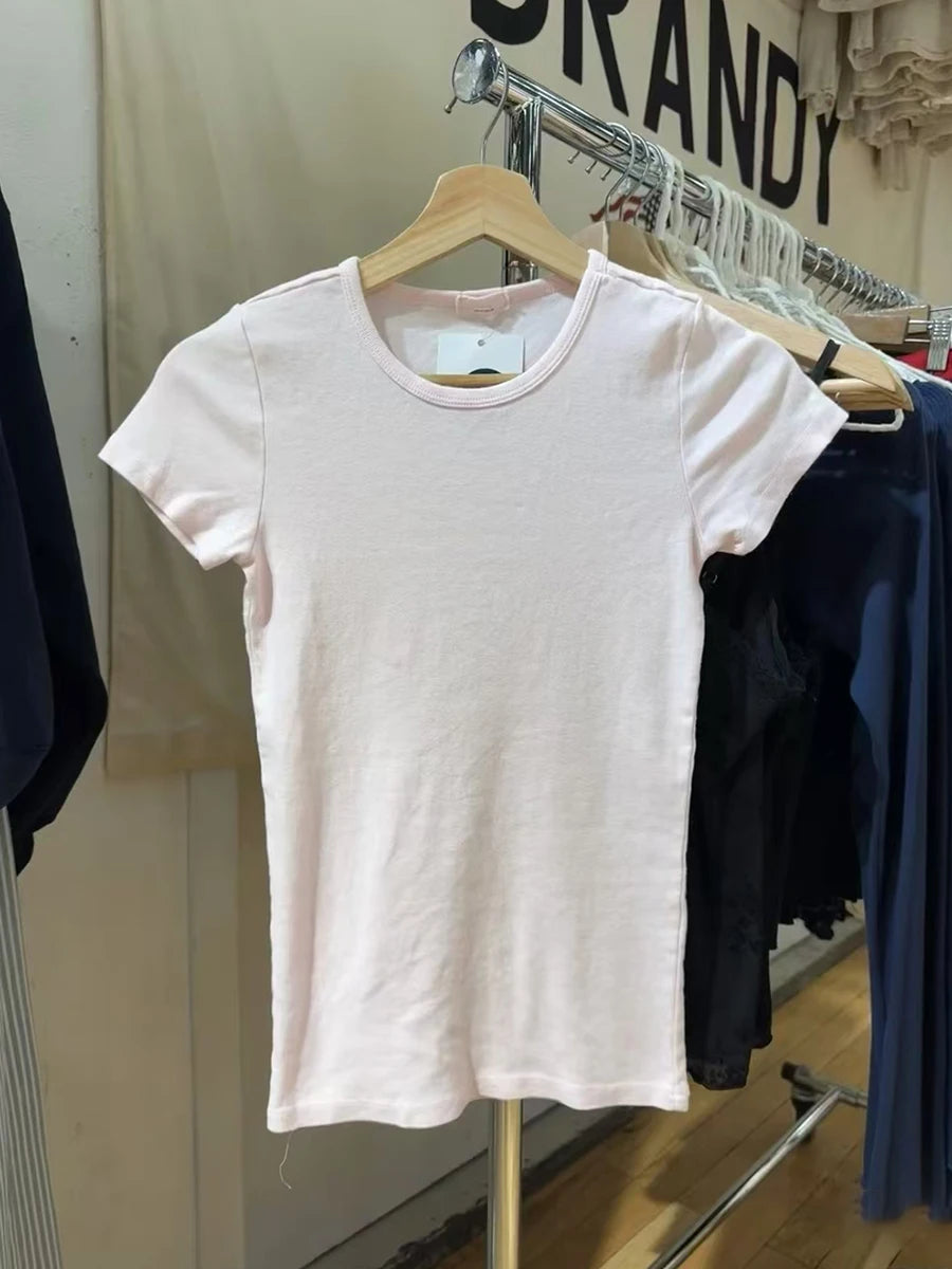 Sweet Pink Basic Slim T Shirt Women New Round Neck Cotton Short Sleeve Tees Vintage Solid Simple Summer Crop Top Y2k Clothes