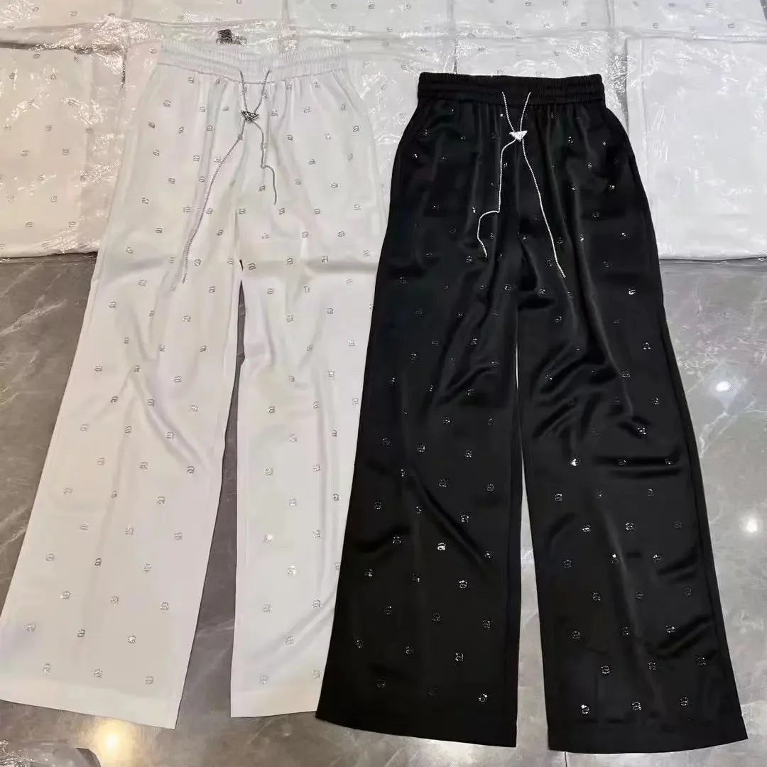 2024 Acetic Acid Hot Diamond A Letter High Waist Casual Pants Elastic Waist Covering Meat Wide Leg Pants