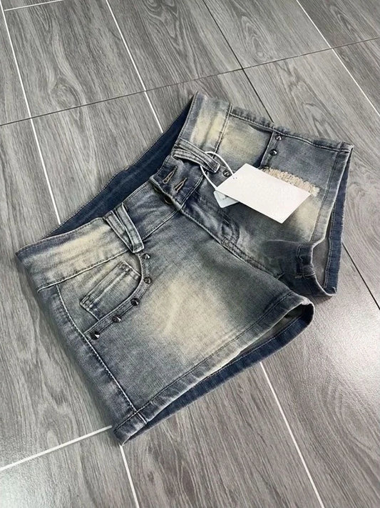 Vintage Chic Fino Lavado Denim Shorts Mulheres Verão Hot Chick Slim Cintura Baixa Calças Curtas Femininas Estética Y2k Skinny Calça Sólida