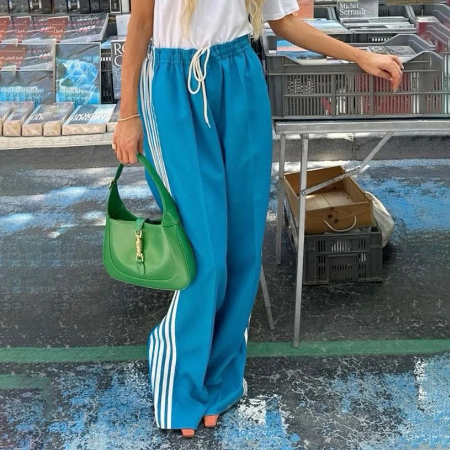 Women Y2k Wide Leg Track Pants Baggy Striped Joggers Sweatpants Elastic Waist Color Block Parachute Pants with Pockets