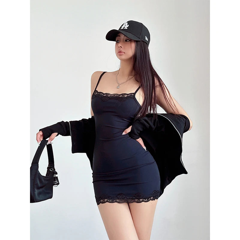 Vestido de alça de renda elegante para mulheres verão novo picante menina cintura wrap quadril curto doce mini vestido tanque tops 2024 novo ZH7Y