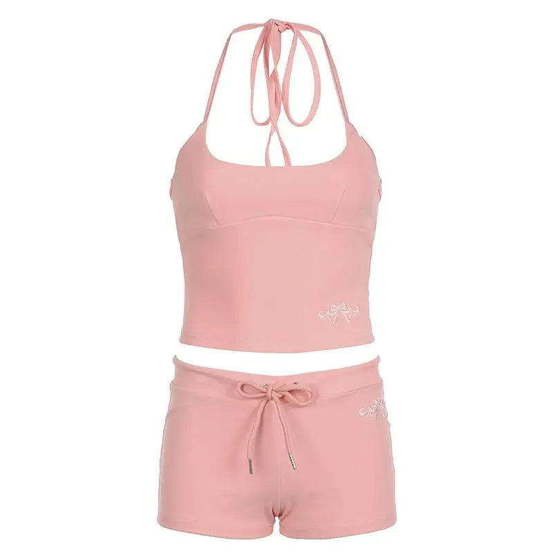 Doce menina quente sexy terno feminino verão slim fit sem costas gola halter regata shorts apertados com cadarço conjunto de duas peças roupas femininas