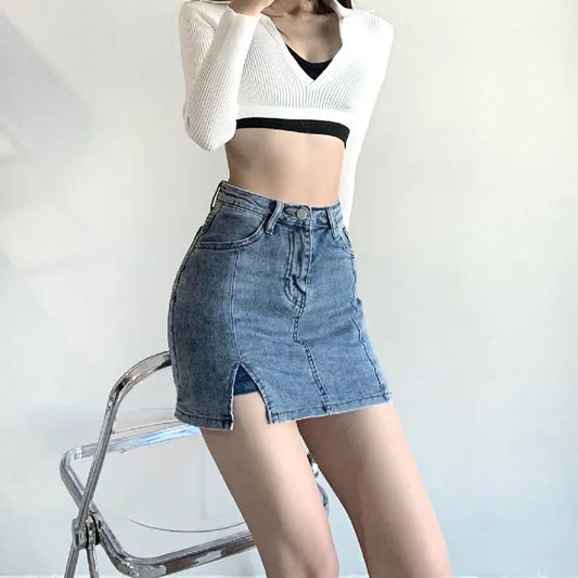 Slit Stretch High-waisted Half Body Denim Skirt, Women's New Summer Fashion Slim-fit A-line Wrap Hip Short Denim Half Body Skirt