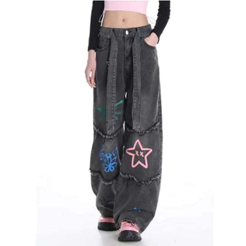 Fashion Women Jeans Street Style Burlap Print Washed Wide-leg Denim Trousers High-waisted Versatile Straight Pants Female