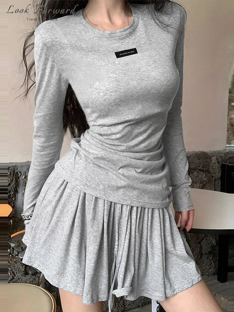 Casual Mini Skirt Set Women Slim Spring Summer O-neck Shirt Full Sleeve A-line Skirts Sets Female Solid Suit Lady Soft Basic