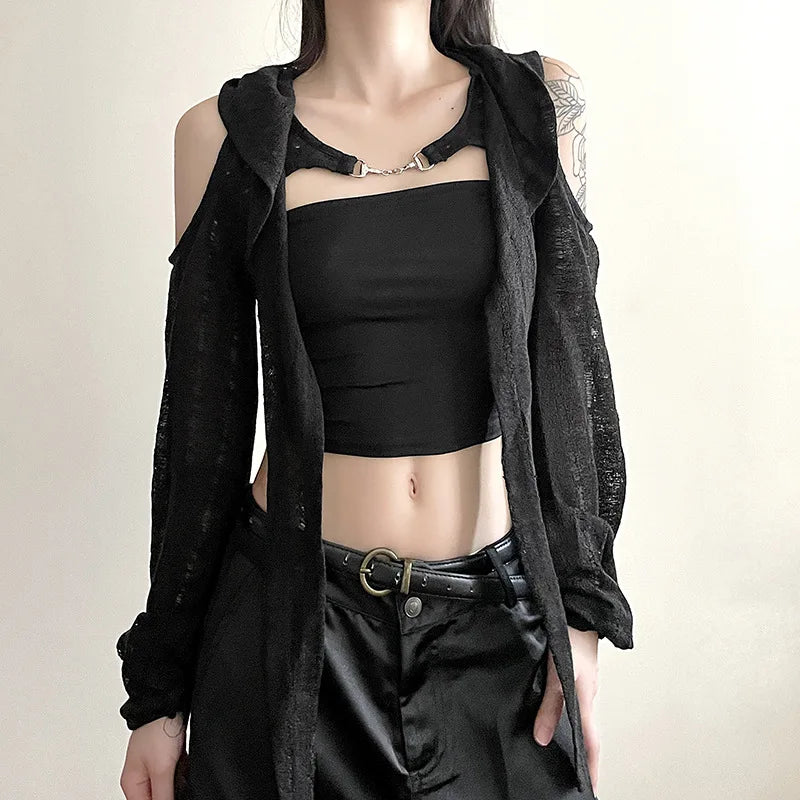 Goth Dark Open Shoulder Techwear Y2k Crop Cardigans Mall Gothic Hooded Sexy Women Crop Tops Punk Grunge Buckle Streetwear Shirts