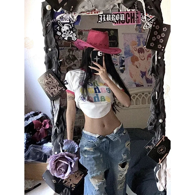 Deeptown Y2k Baggy Jeans Rasgado Mulheres Cintura Baixa Gyaru Calças Jeans Largas Pais Streetwear Grunge Hippie Calças Coreanas Moda