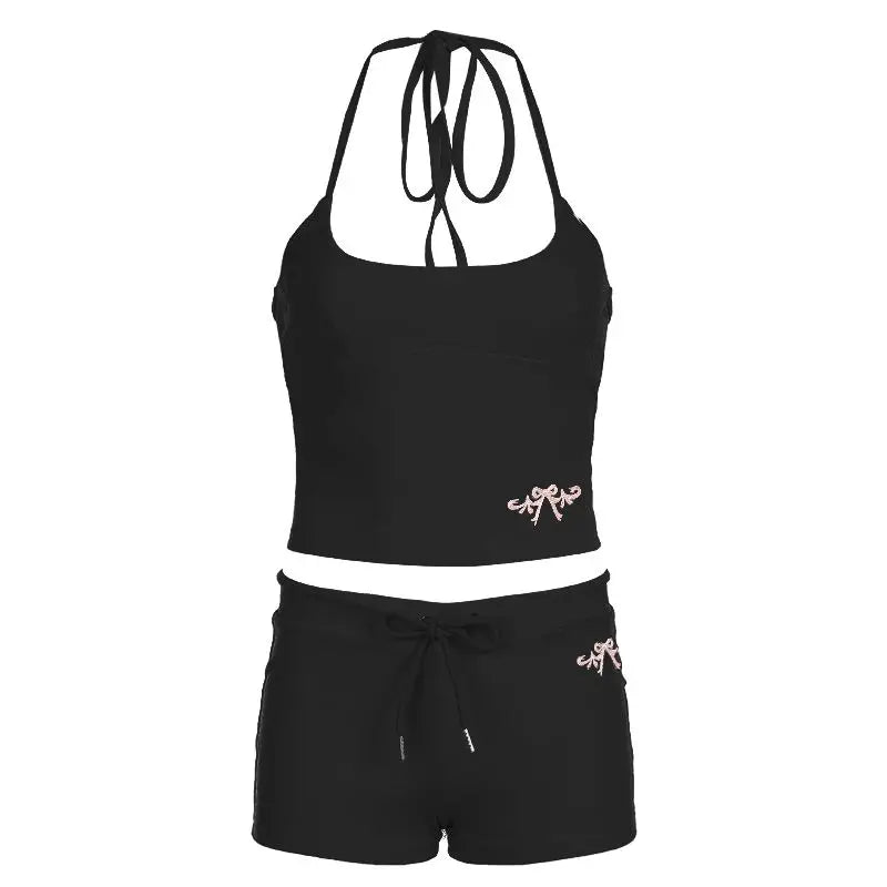 Doce menina quente sexy terno feminino verão slim fit sem costas gola halter regata shorts apertados com cadarço conjunto de duas peças roupas femininas