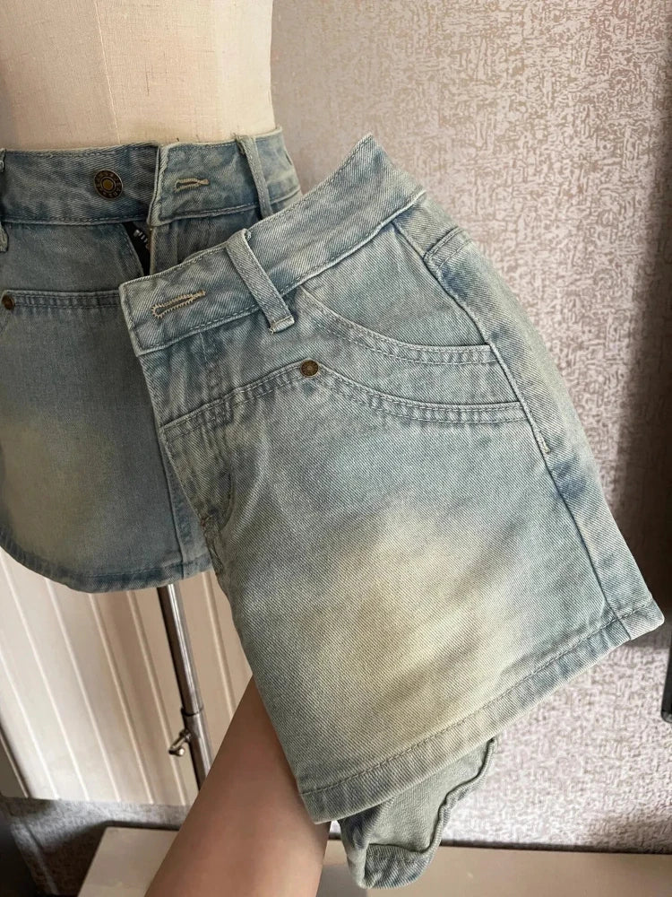 Mini Denim Skirts Wrap Hip High Waist Slim Summer A-line Zippers Washed Distressed Hot Girls Korean Fashion Streetwear Daily