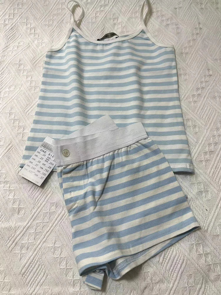 Pink Striped Cotton Vest Shorts 2 Pieces Set Women Bow Slim Tank Tops With Elastic High Waist Straight Short Pants Sweet Sets