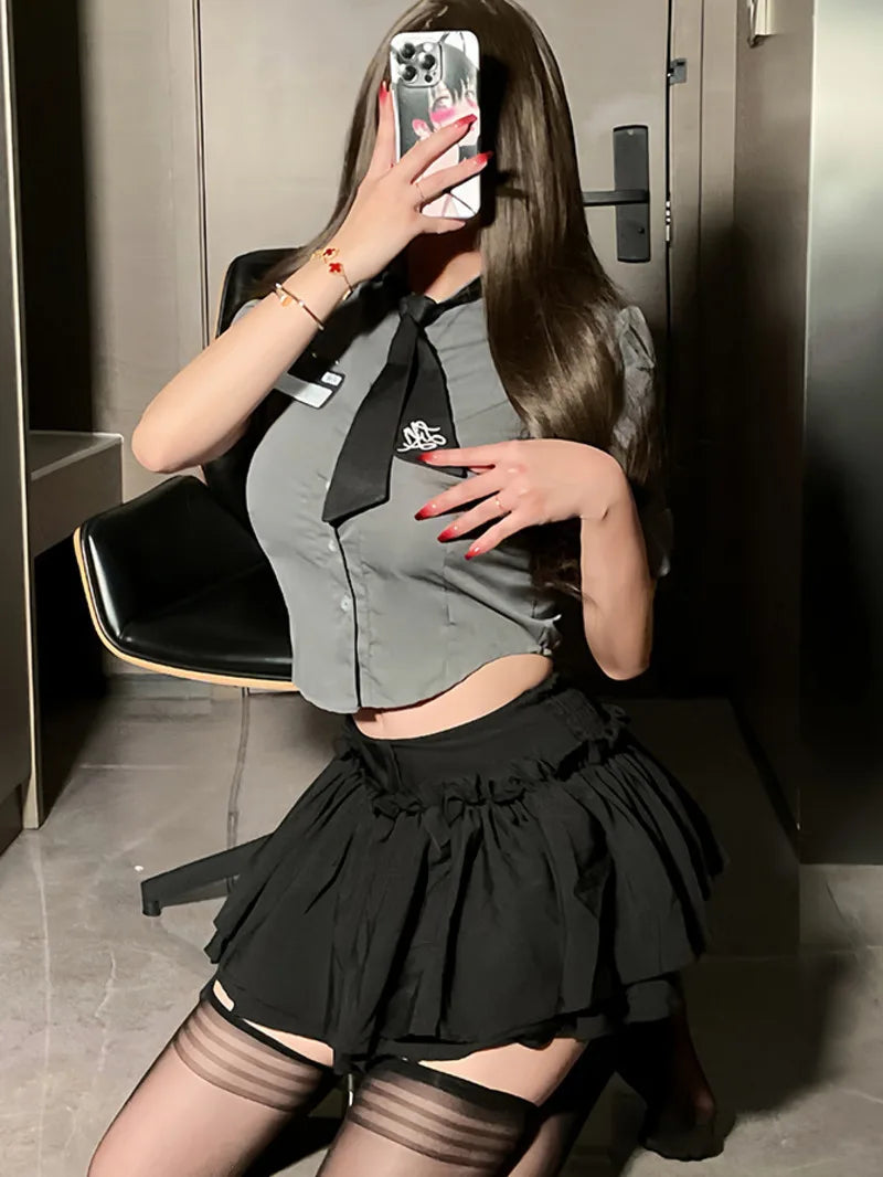 2024 New Sexy Pure Desire Lapel Single Breasted Short Sleeve Shirt Top+high Waisted Pleasted Short Dress Two Piece Set MC0K