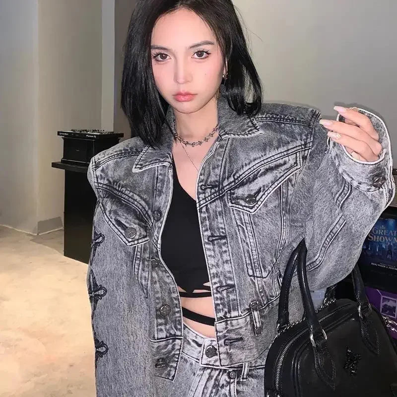 Hot Girl New Suit Women's Cross Long-sleeved Wash Denim Coat High Waist Versatile Shorts Two-piece Set Fashion Female Clothes