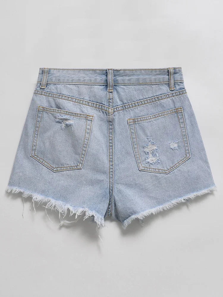 Streetwear Women High Waist Button Hole Frayed Denim Shorts Spring Summer Female Raw Hem Retro Jeans Shorts Bottoms