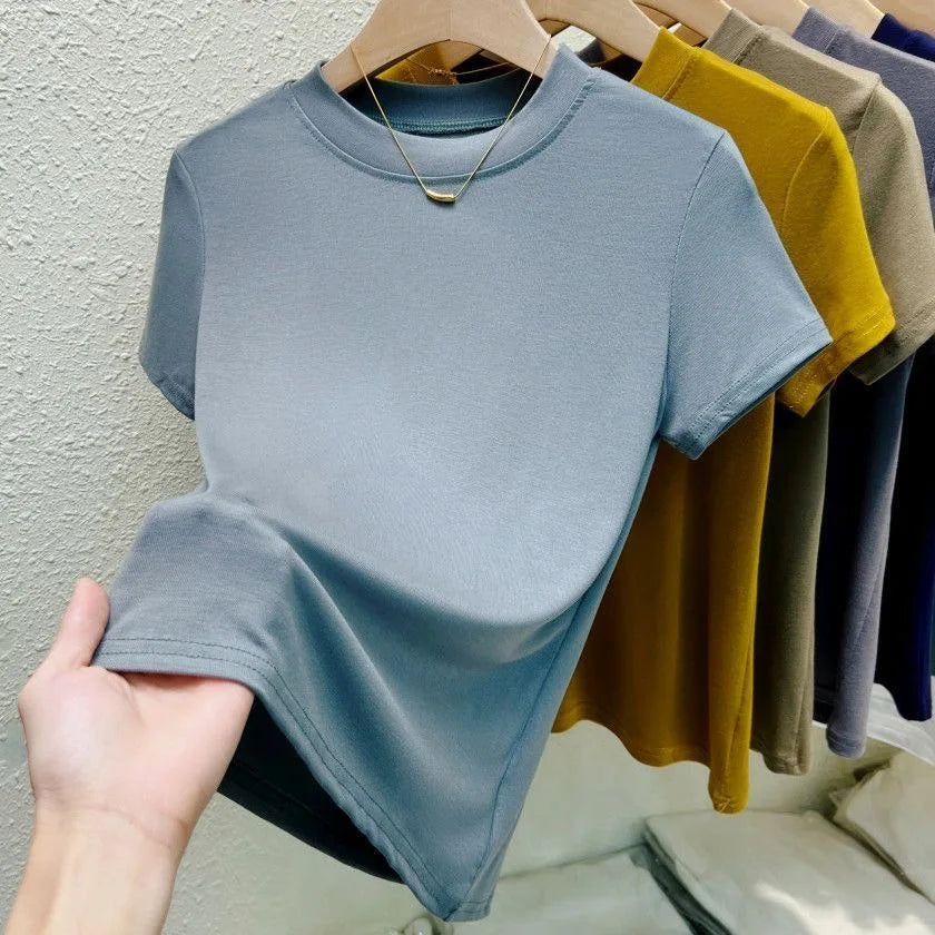 Fashion Sexy Slim Blue Crew Neck Red Women's T Shirt Korean Y2k Street Casual T-Shirt Solid Top Summer Short Sleeve Clothing