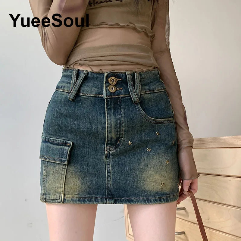 Blue Denim Skirt  A-Line High Waist Mini Skirt 2024 New Summer Y2K 2000s High Street Sexy Kawaii Cute Skirts for Women