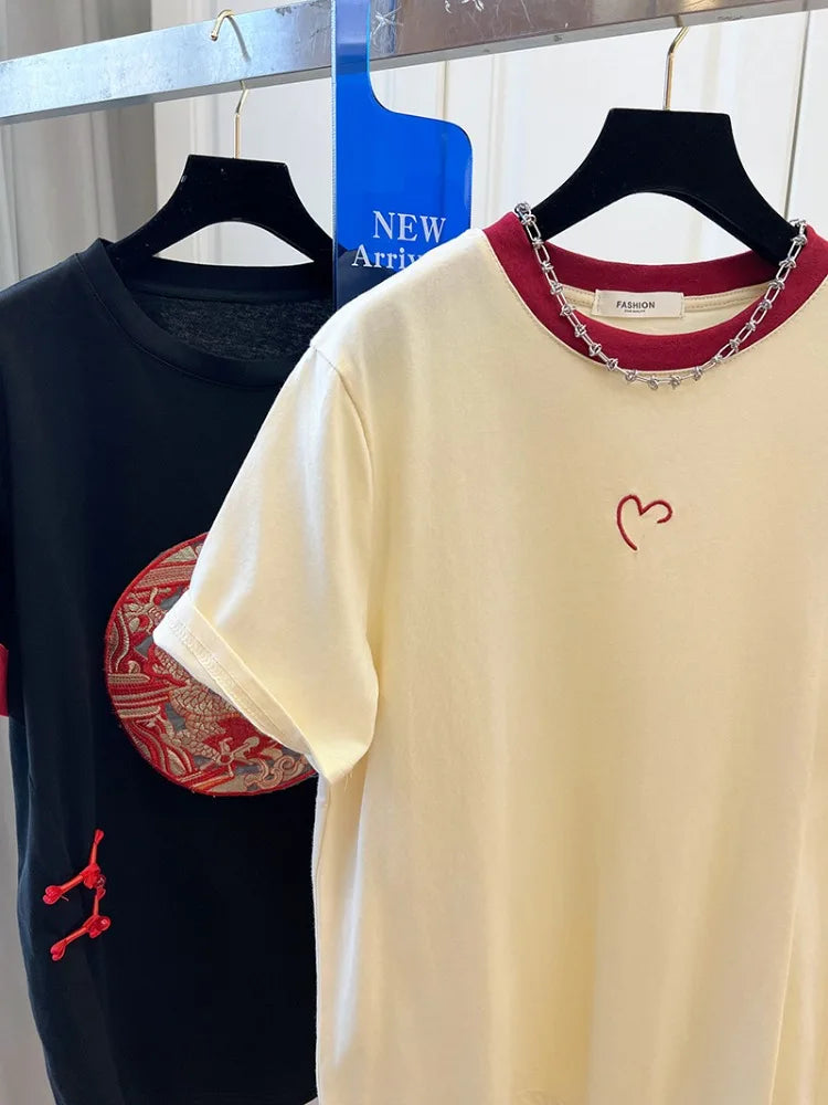 Ins Simple Style Little Heart Embroidery Lady T-shirt 2024 Harajuku Streetwear Chic Female Top Y2k New Summer Fashion Casual Tee