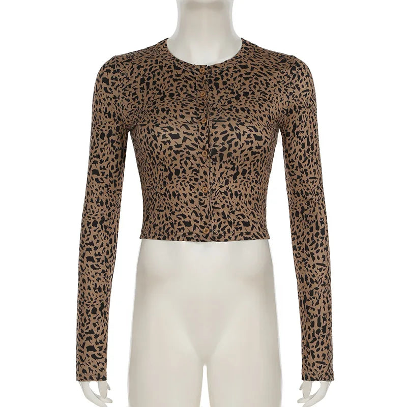 Leopard Print Two Piece Set Women O-neck Long Sleeve Single Breasted Cardigan T-shirts Crop Top + Pencil Pants Streetwear Suits