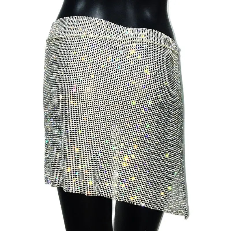 Mini saia com corrente de metal e strass brilhante para mulheres, saia sexy com fenda lateral transparente para festa, trajes para festival rave