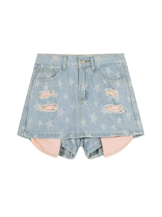 Women Light Blue Baggy Mini Star Denim Shorts Hight Waist Jean Shorts Vintage Aesthetic Y2k Emo Cowboy Short Pants 2000s Clothes