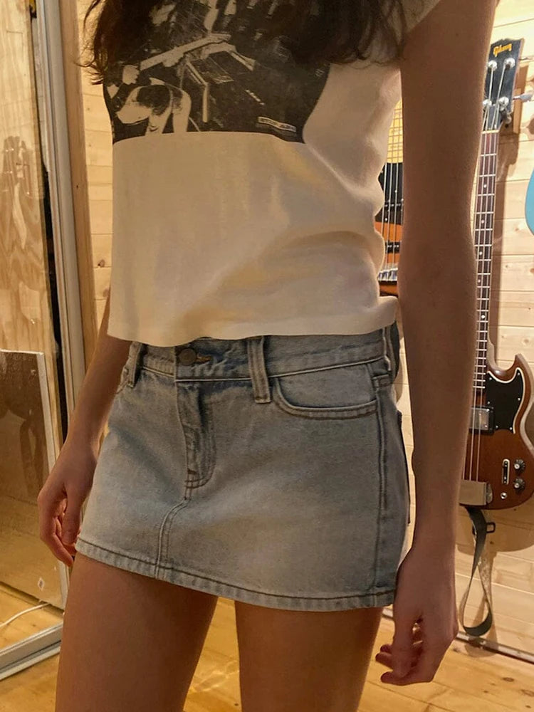 Vintage Blue Low Waist Denim Skirts Casual Chic Pockets A-line Summer Mini Skirts Women Y2k Streetwear Harajuku Slim Faldas 2023