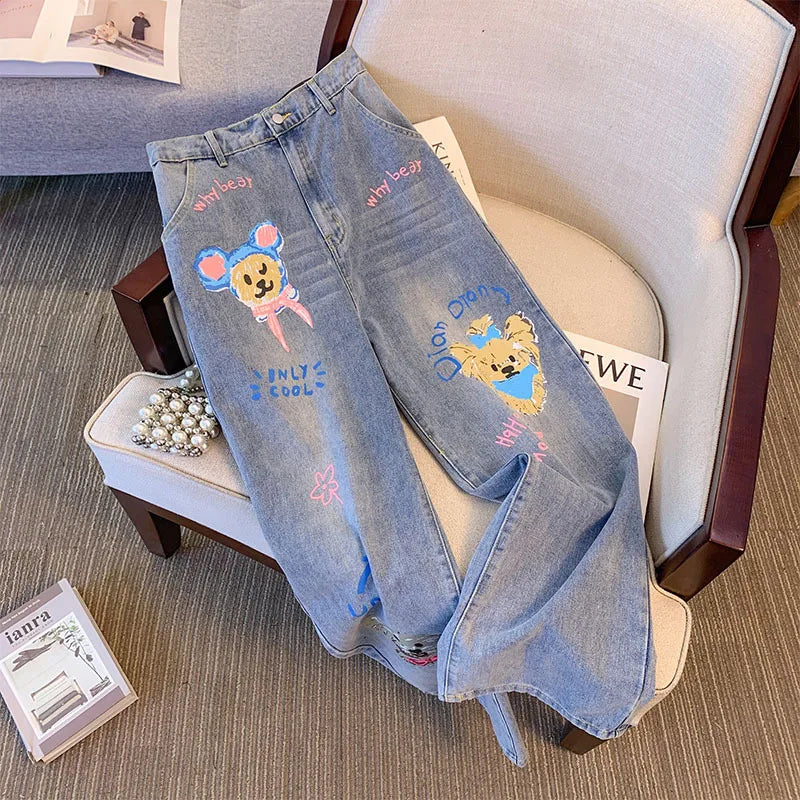 150Kg Plus Size Women's Hip 138 Spring Summer Jeans With Puppy Print Loose Elastic Straight Leg Pants Blue 5XL 6XL 7XL 8XL 9XL