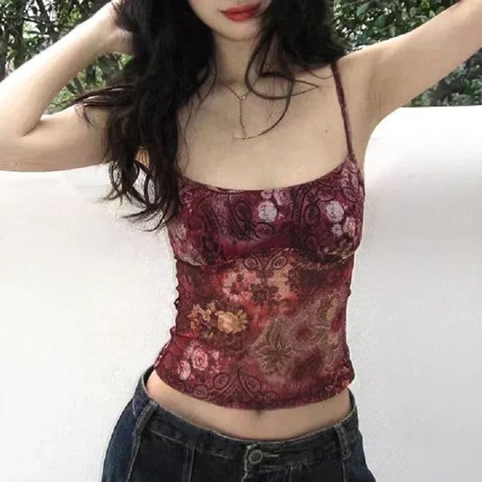 Vermelho Vintage Floral Print Y2K Cami Top Mulheres Estética Bonito 2000s Camisole Sem Mangas Slim Cropped Verão Colete Tops