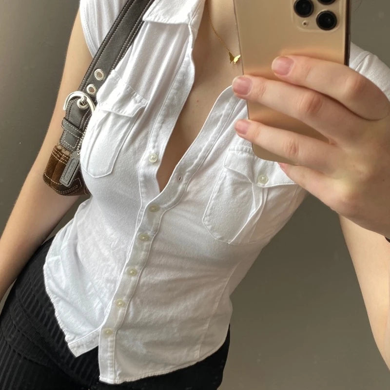 Button Pockets Crop Top Slim Girls Retro Casual Basic Cotton Shirt Cardigans Y2k Streetwear Tops Sexy Office Female White Blouse