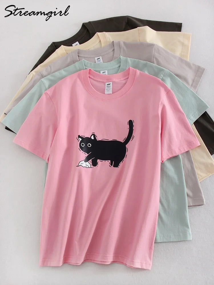 Streamgirl Pink Casual Short Sleeve T-shirt For Women Cotton Loose Top Tees Basic Loose T Shirt Cats Print Women 2024 Summer