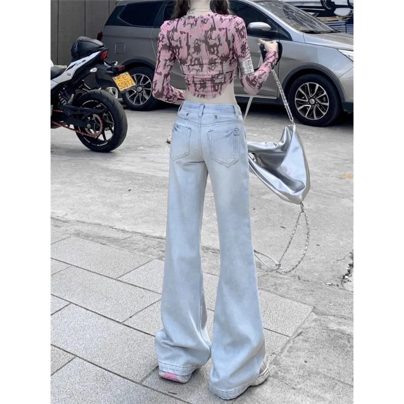 Women Autumn Winter Simplicity Loose Solid Color High Waist Appear Thin Wide Leg Women Clothes Fashion All-match Cowboy Pants