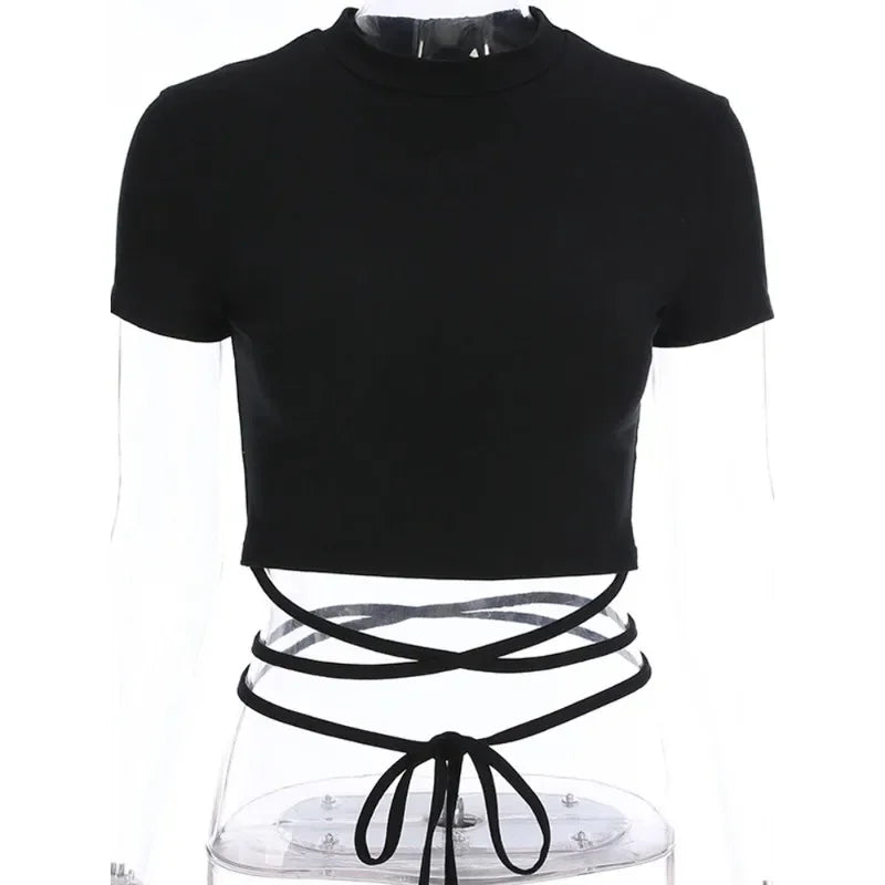 Verão Mulheres Preto Curto T-Shirts Sexy Crop Tops Manga Curta Bandage Tee Tops Camisas Femininas