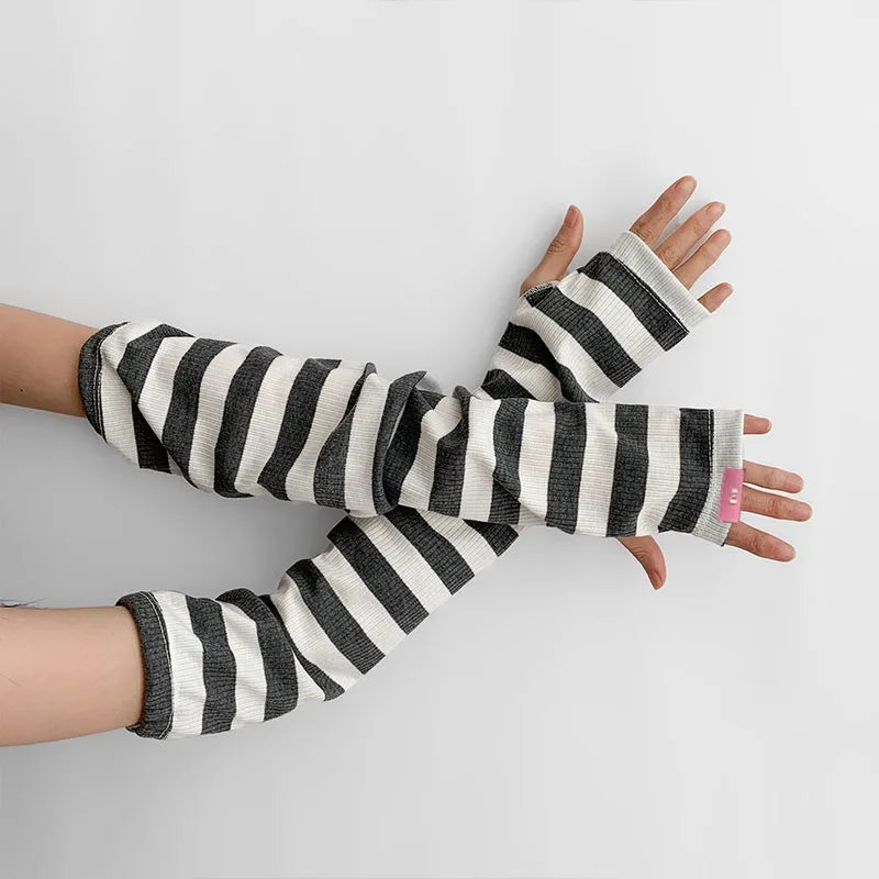 Women Striped Sunscreen Sleeve Summer Driving Riding Oversleeve Punk Gothic Fashion Loose Arm Warmer Outdoor Cuff Sleeve