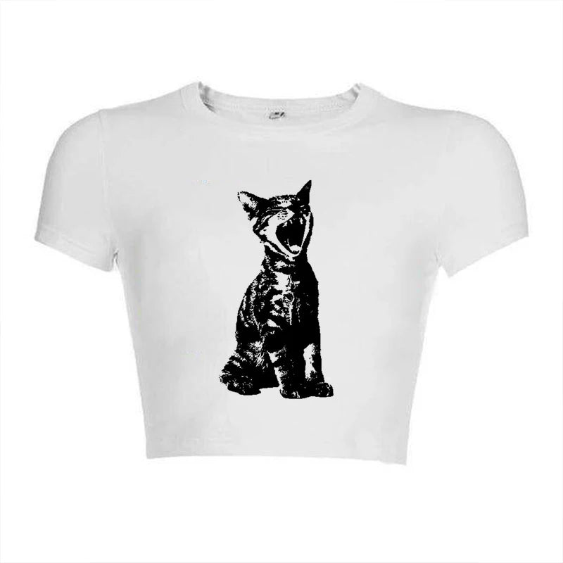 Vintage Cat Print Women Casual Baby Tee Streetwear Aesthetic Short Sleeve T-Shirt Y2k Clothes Gothic Emo Girl Croped Tops