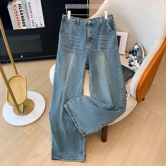 Calça jeans feminina casual plus size de outono, cintura alta, simples, sólida, reta, bolsos grandes, calça azul com cintura elástica