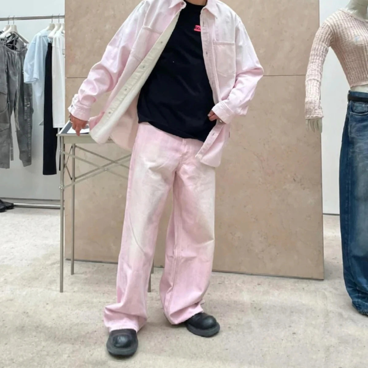 Calças jeans sujas rosa lavadas com gradiente de cor de rua para homens e mulheres, calças jeans largas casuais retas e largas, calças cargo largas e largas