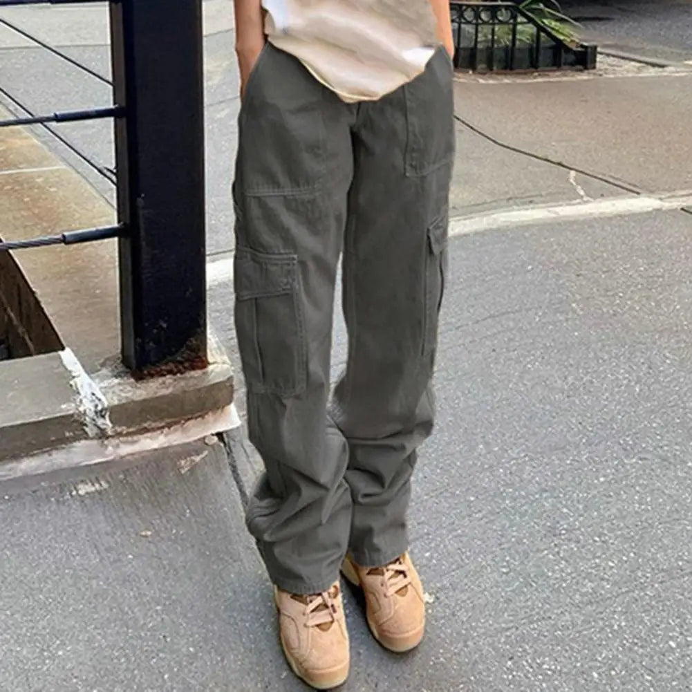 Women Cargo Pants High Waist Solid Color Loose Multi Pockets Full Length Soft Breathable Casual Streetwear Lady Trousers Khaki