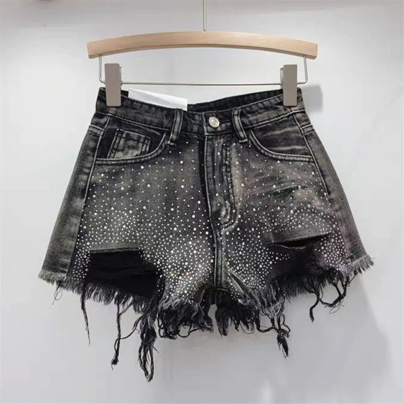 YEAE Heavy Industry Hot Diamond Denim Shorts Women's  New High Waist Skinny Spice Girl Ripped Burr Edge Wide Leg Hot Pants Tide